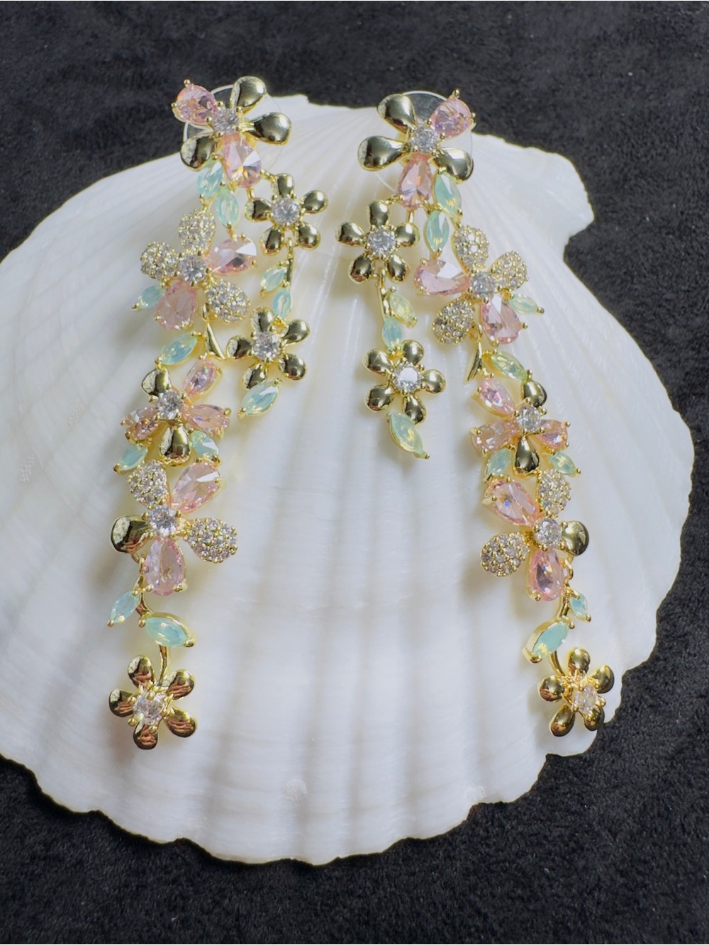 Floral Vine CZ Chandelier Drop Earrings Gold Plated